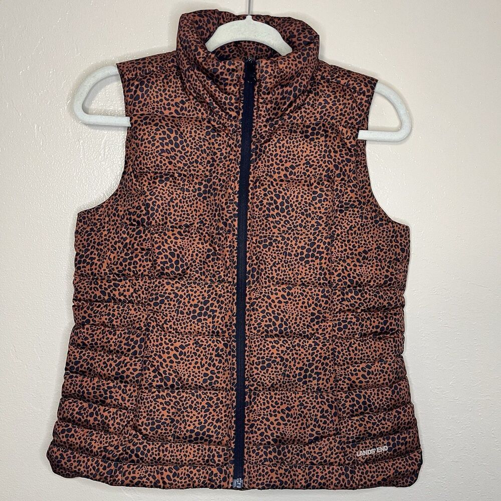 Lands End Vest Women's Small Brown Cheetah Allied Feather Down 600 Puffer
